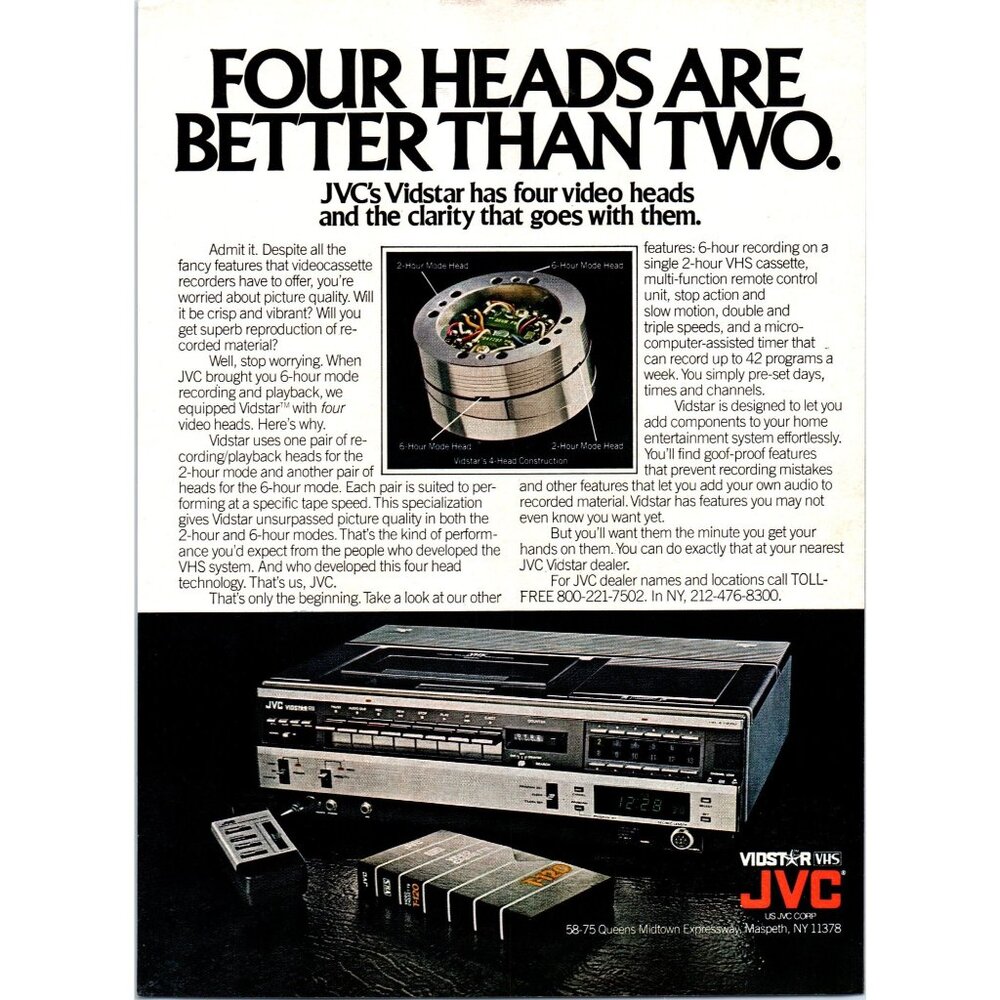 1981 JVC Vidstar 4 Head VCR Vintage Print Ad 80s High Tech Home Theater Wall Art